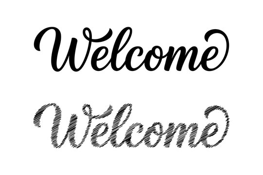 Welcome calligraphy lettering in black ink and matching sketch style isolated on transparent background for creative design projects.