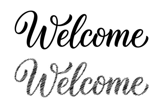Welcome hand lettering font with smooth curves and textured scribble version set isolated on transparent background for signage.