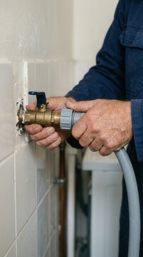 Plumber Installing Washing Machine Hose to Wall Valve for Domestic Water Connection and Maintenance Service