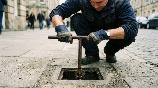 Technician performs essential urban infrastructure maintenance skillfully maneuvering a heavy metal tool to access subterranean utility networks amidst the historic charm of a cobblestone street