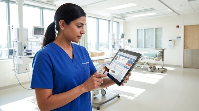 Female healthcare worker holding tablet computer scanning medicine bottle barcode. Nurse using digital scanner for electronic medication administration in hospital unit