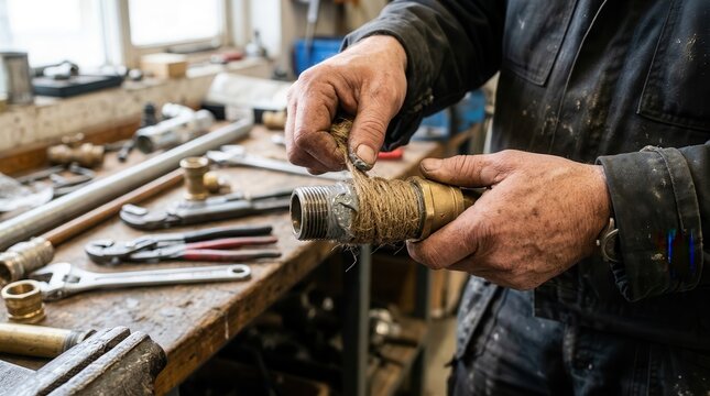 Plumber Meticulously Applying Hemp Fiber Sealant to Brass Pipe Threads for a Secure Industrial Connection in a Well-Equipped Workshop Setting
