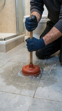 Plumber Using a Plunger to Clear a Clogged Bathroom Floor Drain with Water Splashing in a Residential Setting