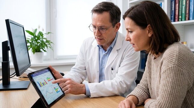 Digital tools for healthcare education. Focused male doctor medical worker discuss therapy plan with patient using electronic pad explain medical information interpret diagnostic data on device screen