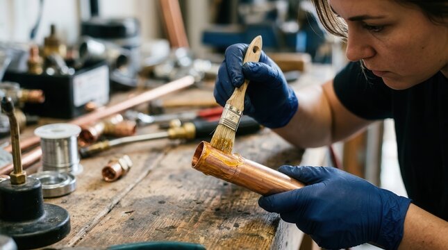 Artisan Applying Flux to Copper Pipe for Precision Plumbing and Metalwork in a Professional Industrial Workshop Setting