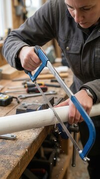 Craftsperson Carefully Cutting PVC Pipe with a Hacksaw for DIY Renovation and Home Maintenance Projects