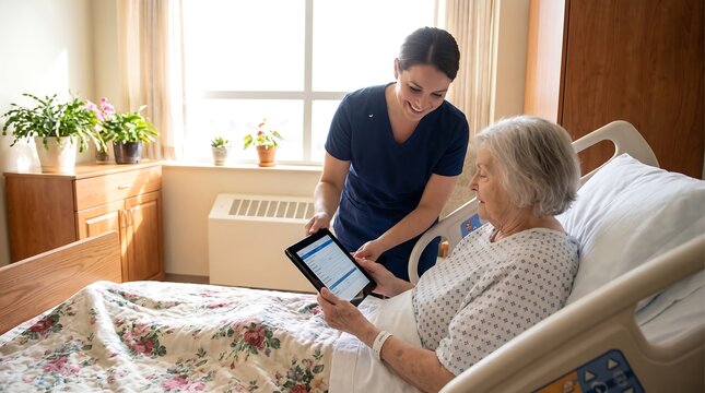 Kind nurse assisting female patient holding digital tablet in modern hospital room. Healthcare worker helping patient fill digital intake form during hospital bed recovery