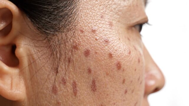 Close up view of woman face with skin pigmentation and dark spots