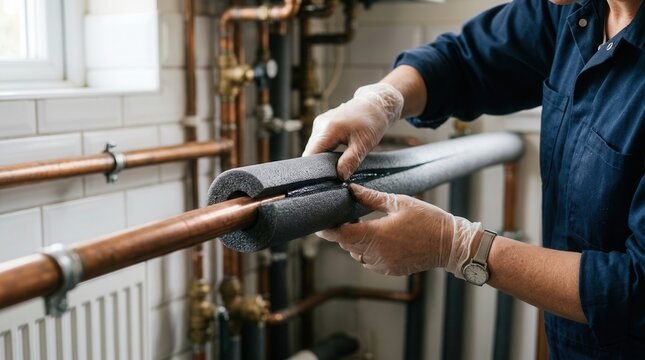 Plumber Installing Thermal Insulation Foam on Copper Pipes for Energy Efficiency and Home Heating System Maintenance