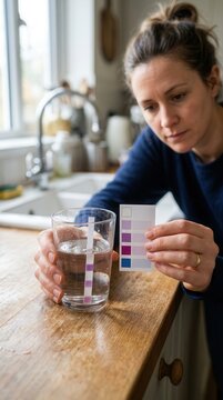 Woman Conducting a Scientific Water Quality Test at Home Using a Colorimetric Indicator Strip