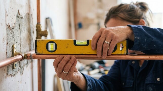 Plumber Ensuring Precision Alignment of Copper Piping with Spirit Level for Residential Renovation and Infrastructure Maintenance