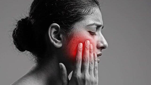 Woman touching her face feeling severe ear pain or toothache with red highlight