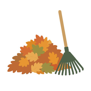 Hand-traced vector icon illustration of an autumn leaf pile beside a wooden rake with green metal tines, perfect for seasonal, gardening, and yard work themed designs