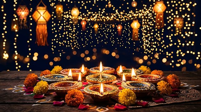 Diwali festival background with lit oil lamps, marigold flowers and traditional lanterns against a dark bokeh backdrop with golden fairy lights