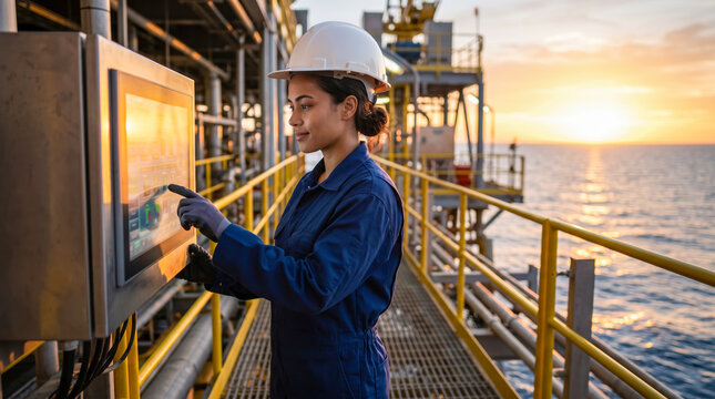 A worker in a blue uniform stands on an offshore platform beside a control panel. The sun sets over the ocean, casting light on the structure and water