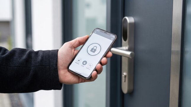 A person uses a smartphone to unlock a door in a modern home. The device shows a lock icon, indicating the door status. This scene shows technology in everyday life