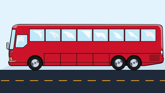 Red Passenger Coach Bus Driving Along a Highway Side View Animation