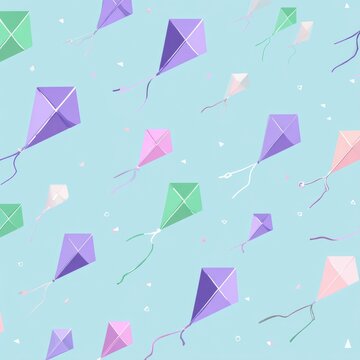 A colorful kite pattern against a light blue sky, evoking whimsy and nostalgic childhood memories.