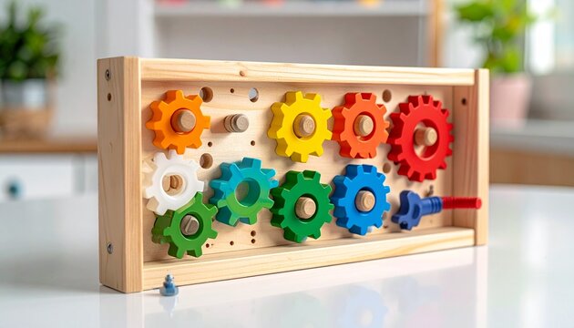 "Wooden pegboard toy with colorful interlocking gears, bolts, and tools symbolizing mechanics, learning, and playful hands‑on education."