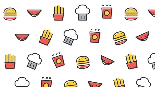 Seamless Pattern of Delicious Fast Food and Sweet Treats on a White Background.