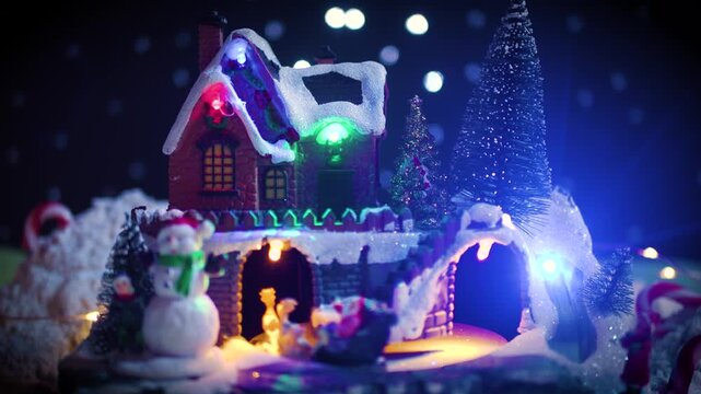 Cinematic pull-away shot revealing a charming Christmas miniature village with a snowman, child figure, glowing lights, candy canes and snowy festive decorations.
