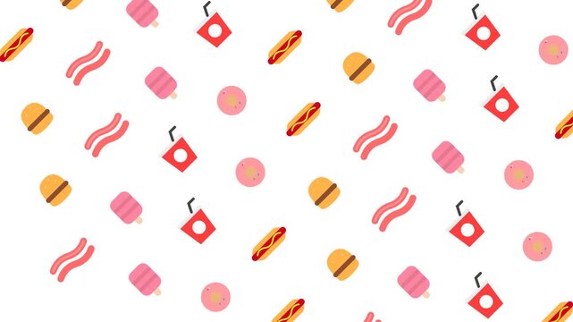 Seamless Pattern of Fast Food Icons on White Background - Animated Loop.