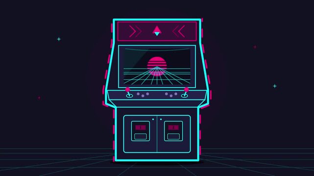Retro neon arcade machine with glowing synthwave landscape screen