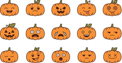 Naklejka premium Set of cute halloween pumpkin characters with various facial expressions isolated on white background