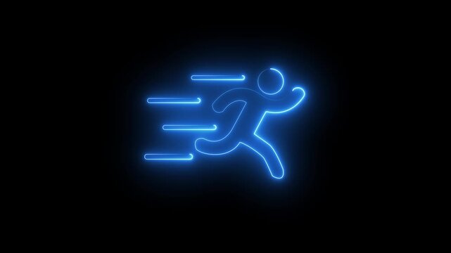 Glowing neon line blue color runner sing. Running neon sign appear in center and disappear after some time on a transparent background. motion graphic of runner man concept.
