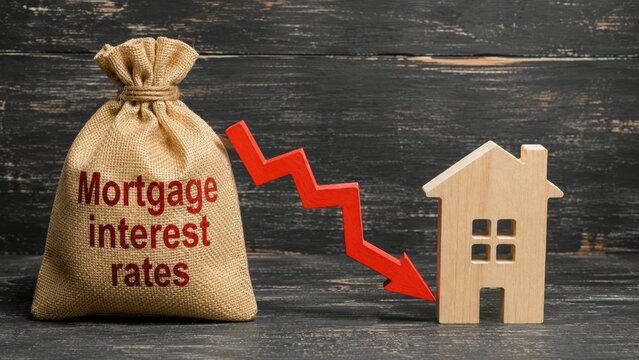 Burlap money bag beside wooden house model with red downward arrow indicating decreasing mortgage interest rates with burlap sack