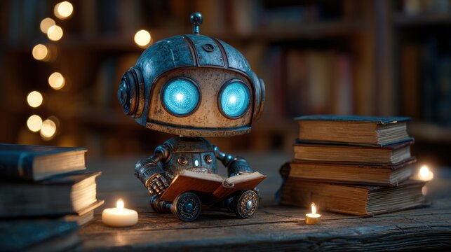 A tiny robot reads by candlelight in a cozy library, surrounded by stacks of old books and soft lighting.