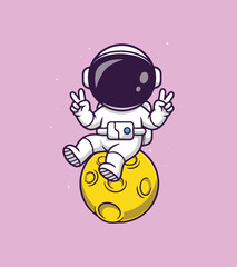A cartoon illustration of a cute astronaut in a white spacesuit sitting on a yellow moon astronaut, moon, space, cartoon, cute, illustration, yellow, purple, stars, cosmic, galaxy, whimsical, playful,