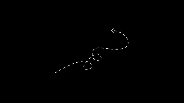 White dashed arrow line curving and looping on a black background. motion graphic of left-pointing arrow dashed line concept.