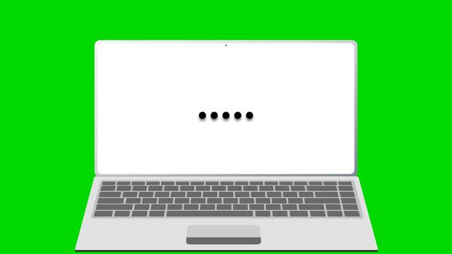 Animated loading dots on a laptop screen over green background. 4K Video