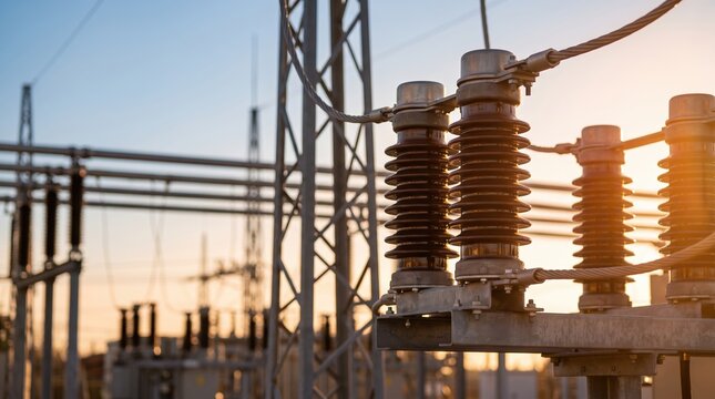 Power equipment stands at an electrical substation during sunset. Transmission lines cross the sky as the sun sets behind the structures