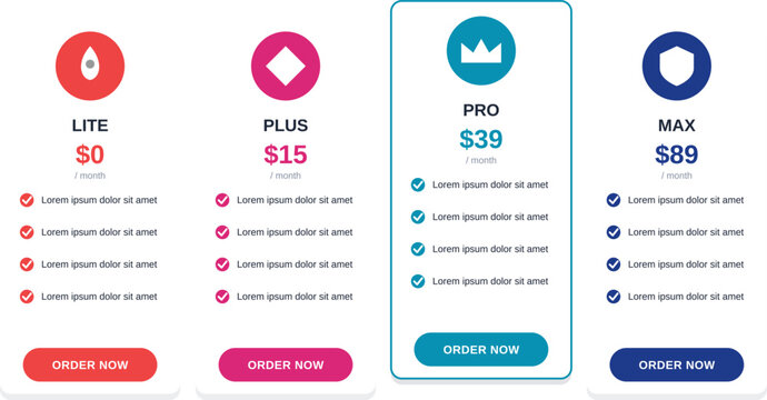 Pricing table vector template with illustrated icon cards and 4 subscription plans. Colourful cyan plan tiers with feature checklist and order now button for website design