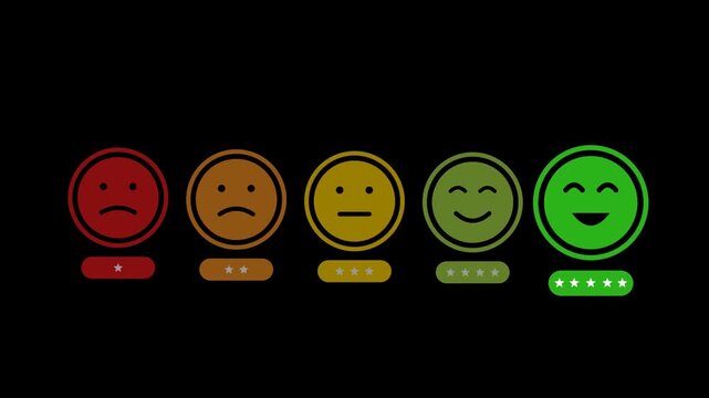 Customer Satisfaction Survey with Emoticon Faces on a Black Background.
