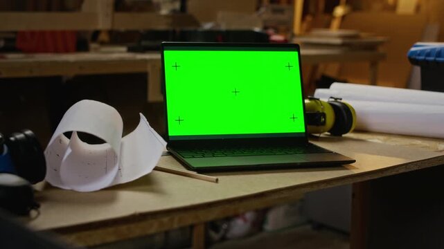 Laptop with green screen displaying tracking markers on workbench in carpentry workshop during slow dolly out. Footage is perfect for showcasing digital woodworking plans