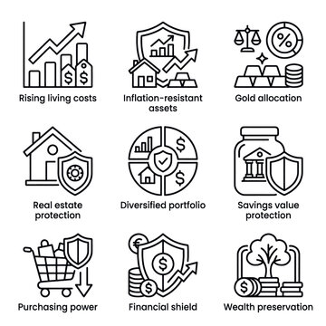 Financial concepts illustrated with icons showing investment, savings, and protection strategies.