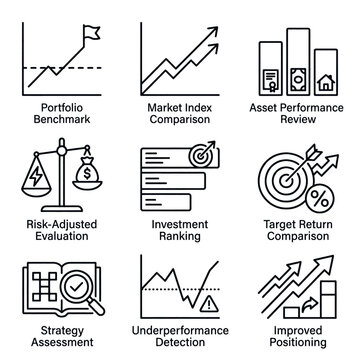 Set of icons representing financial analysis and business strategy concepts.