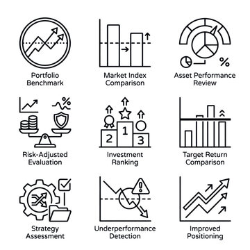 Collection of business and finance icons representing financial analysis and investment performance metrics.