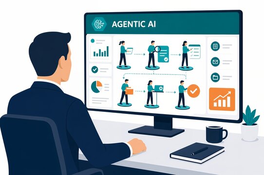 Agentic AI workflow automation business professional monitoring dashboard illustration
