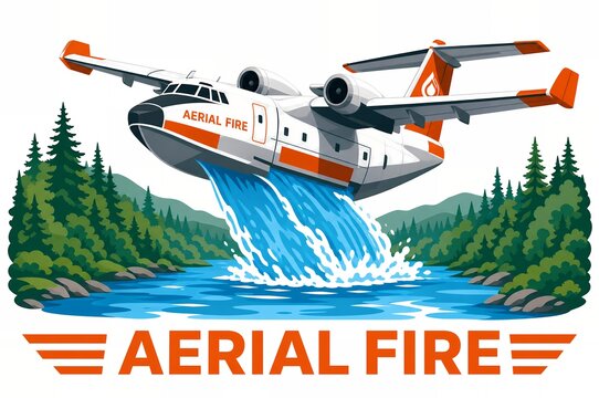 Aerial firefighting water bomber plane dropping water over forest illustration