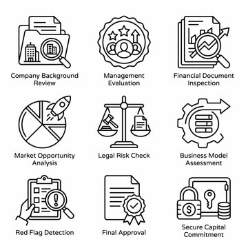 Collection of business and finance icons representing analysis, evaluation, and approval processes.