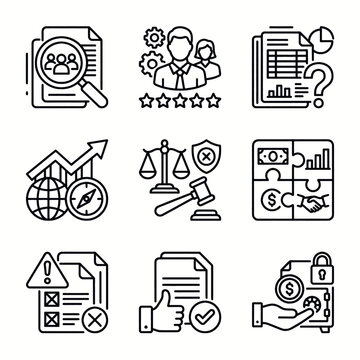 Set of business and finance icons representing concepts like analytics, teamwork, legal, strategy, and security.