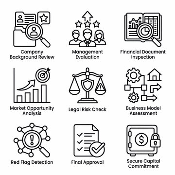 Collection of business and finance icons representing company review, management, financial analysis, and legal checks.