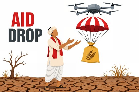 Drone aid drop delivering food grain to farmer on cracked drought land illustration