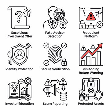 Set of icons representing financial security, fraud detection, and investor protection measures.