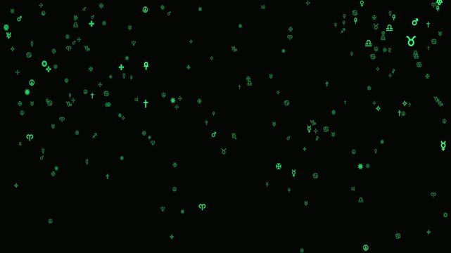 Glowing green zodiac symbols falling on black background, mystical astrology icons loop, celestial horoscope elements for video editing