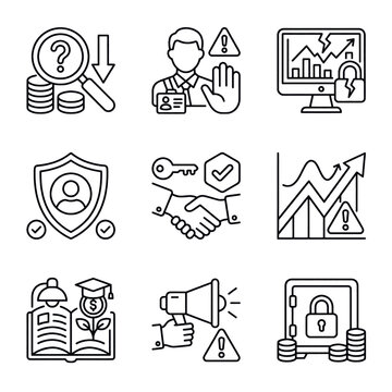 Set of icons representing financial risk, security, and business concepts.